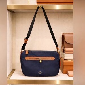 Coach Sawyer Navy Adjustable Crossbody with Tan Trim and Red Stitching